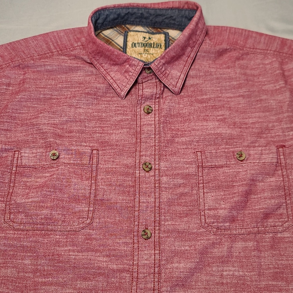 Outdoor Life Button Down Shirt Mens 2XL Red Short Sleeve Slub Cotton Textured